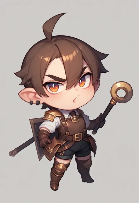 up to, chibi, whole body, Stocky figure, strongly built and full of strength. Her hair is cut short, dark copper color. Her eyes are brown and penetrating, with a sly look in his gaze. Her eyebrows, thick and dark, give her face a determined look