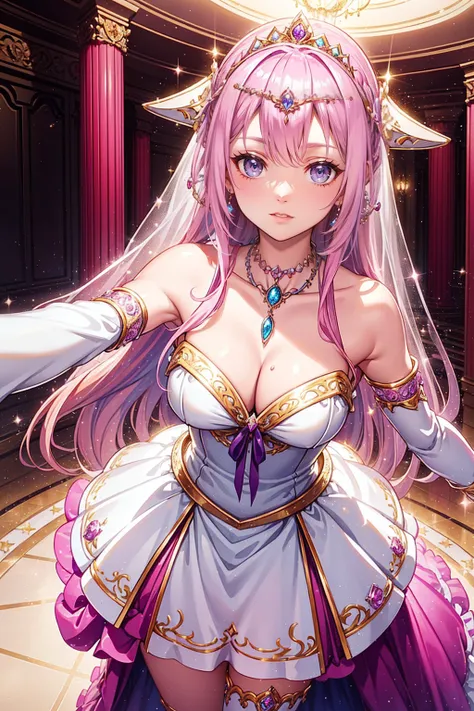 teenage girl，sacred，Solo person，Enchanted，((pink hair，purple eyes)),Have fun，in love，Yellow and white princess dress，silver crown，Clothes with intricate details，(decorated with diamonds)，royal writings，swimming costume，inside the room，(shine:1.2), (best qu...