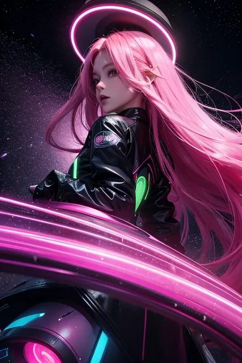 Woman with long pink hair, evening, neon, Flying saucer, Kidnapping, galaxy background, neon lights, black clothes with led, 4k  