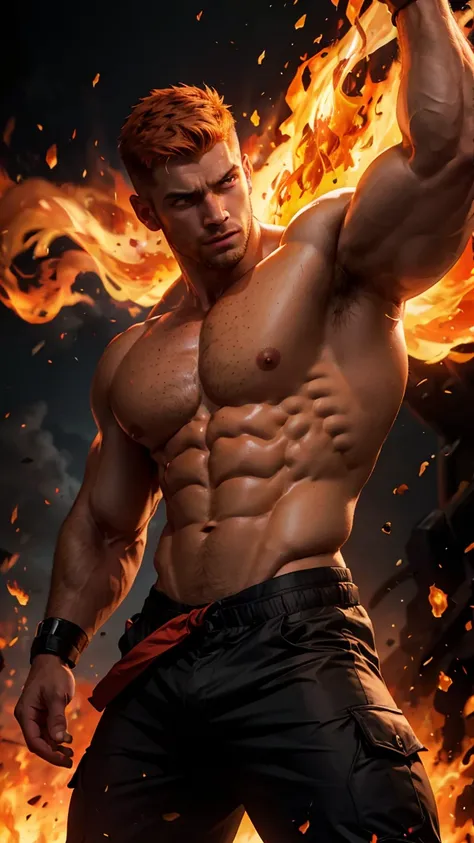 
A strong, muscular man with short orange undercut hair, freckles, and wearing red and black clothes, incredibly handsome, with a very perfect body. He is extremely muscular, consumed by fire, and the fire takes over the entire image. The background has fi...