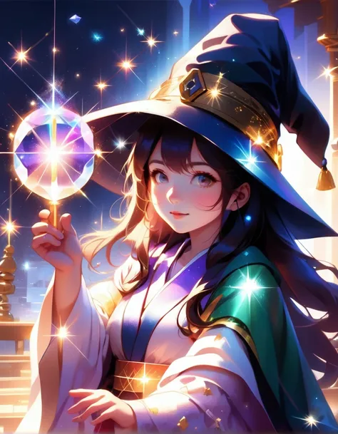 Japanese cartoons style, Japanese cartoons, 1 Girl, Solitary, Wizard Hat, robe, Shareholders, Magic Circle, sparkling, Light Particles, crystal, Prism, Glowing lights