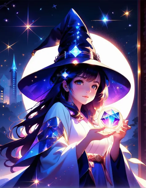 Japanese cartoons style, Japanese cartoons, 1 Girl, Solitary, Wizard Hat, robe, Shareholders, Magic Circle, sparkling, Light Particles, crystal, Prism, Glowing lights