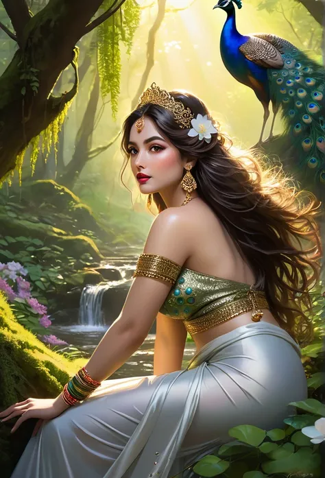 Sure, here is the updated prompt with the woman described as a mistress:

---

**Mystical Forest Scene During Twilight:**

A beautiful mistress sits gracefully on a moss-covered stone. She is adorned in a flowing saffron saree that cascades elegantly aroun...