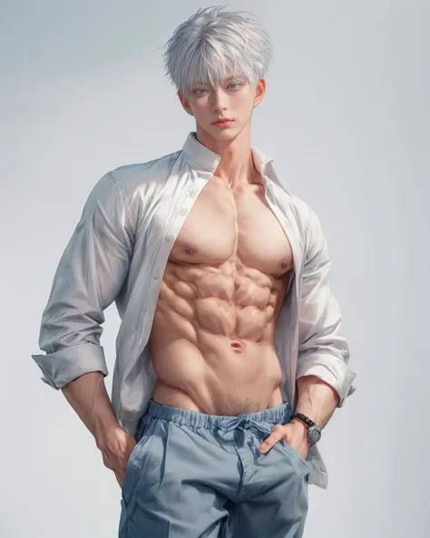 1boy, adult, handsome, perfect face, detailed eyes and face, clean shaved, sixpack realistic, white eyebrow hair, white eyelashes, dynamic lighting, unreal engine 5, hd picture, satoru gojo, white hair, short hair ,hair between eyes ,blue eyes, white skin