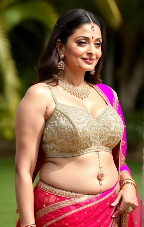 50 year old mature MILF Aishwarya Rai, wearing a bridal lehenga , fit curvy physique, Indian traditional women, Bride ,Beautiful women, wearing a belly chain,hourglass milf figure, perfect breasts, posing in outdoor gym, bright sunny day, soft volumetric l...