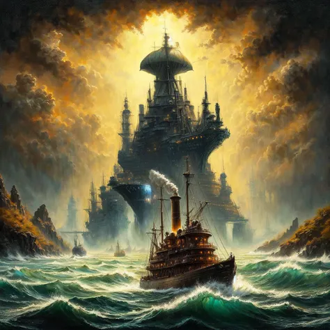 painting of a ship in the middle of a body of water, science fantasy painting, inspired by Brian Despain, by Johfra Bosschart, fantasy surrealism, fantasy oil painting, fantasy artrealistic painting, 8 0s style tomasz alen kopera, inspired by Johfra Bossch...