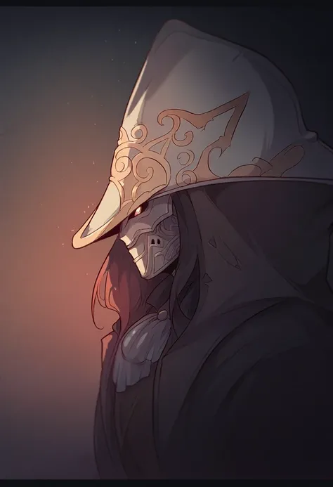 a masked mage in a dark fantasy world, wearing a big hat, alone in the distance, dark background, intricate details, cinematic lighting, dramatic atmosphere, rich colors, dark and moody, masterpiece
