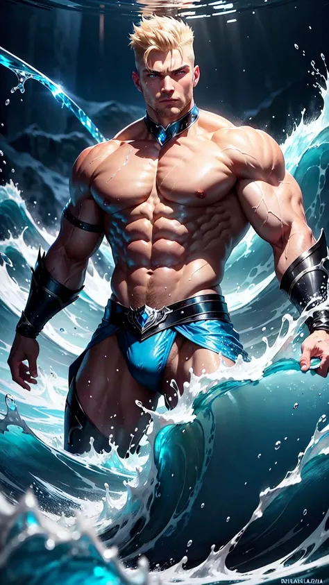 A strong, muscular man with blonde undercut hair and intensely blue eyes, wearing blue and silver clothes. He is young and handsome, with an imposing, well-defined body. In combat, he uses water and ice magic, with waves and currents of water enveloping th...