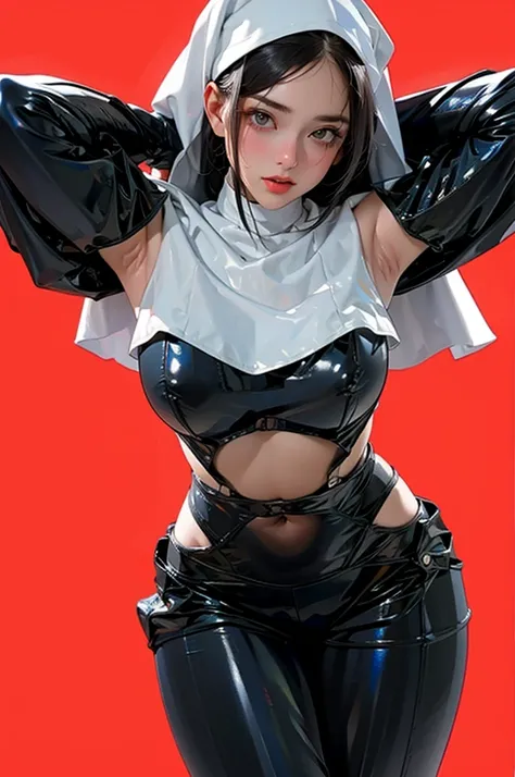 1girl,solo,medium breasts,(thigh gap:1.2),(cowboy shot:1.2),ruanyi020,squatting cowgirl position,black bodysuit,bdsm,nun,capelet,(white hair),, (masterpiece, best quality, hires, high resolution:1.2), (extremely detailed, realistic, intricate details, high...