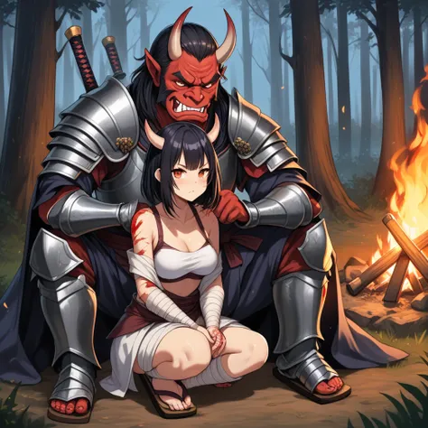 2others,couple, (1girl, masterpiece, cute girl, intricate details, detailed face and body, grumpy face, (Oni, demon, oni horns, red skin, slander tail), (wide samurai pants, geta footwear, breasts bandage), sits across-legged, hands on knees, damaged body,...