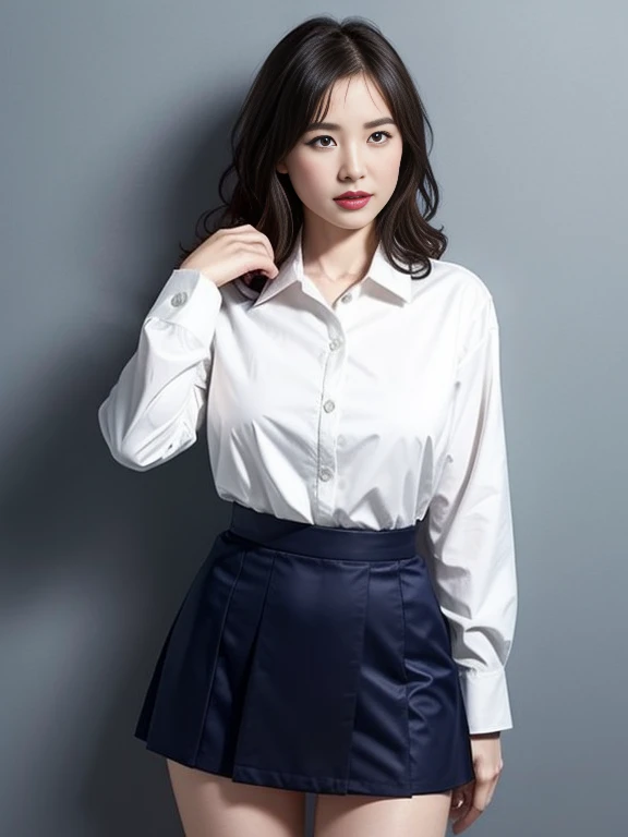 Gray background、pubic hair、Large Breasts、Thighs、Red lipstick、(((Glaring)))、Curly Hair、Disheveled Hair、Cute woman、high school girl、White shirt、Navy frill mini skirt、