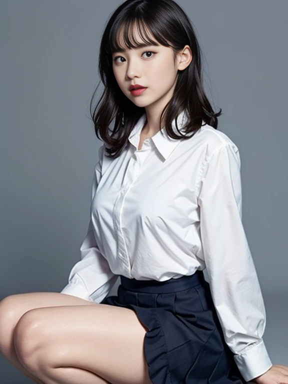 Gray background、pubic hair、Large Breasts、Thighs、Red lipstick、(((Glaring)))、Curly Hair、Disheveled Hair、Cute woman、high school girl、White shirt、Navy frill mini skirt、