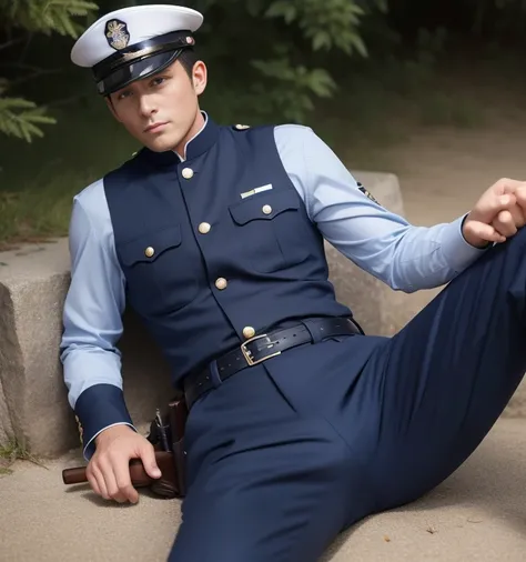 40 years old,One Man,、American　cavalry、wilderness、Navy blue cavalry uniform。Sit with your legs wide open、Hold a gun,logic,Gay ,Very short hair,Stubble,Cool handsome guy、The crotch area is bulging