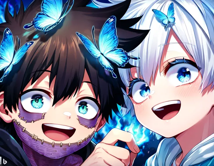 absurdres, highres, ultra detailed, HDR, master piece, best quality, extremely detailed face, delicated features, Dabi as a kid, black hair, expressive turquoise eyes, Boku No Hero Academia, Gojou Satoru as a kid, white hair, expressive blue eyes, white ey...