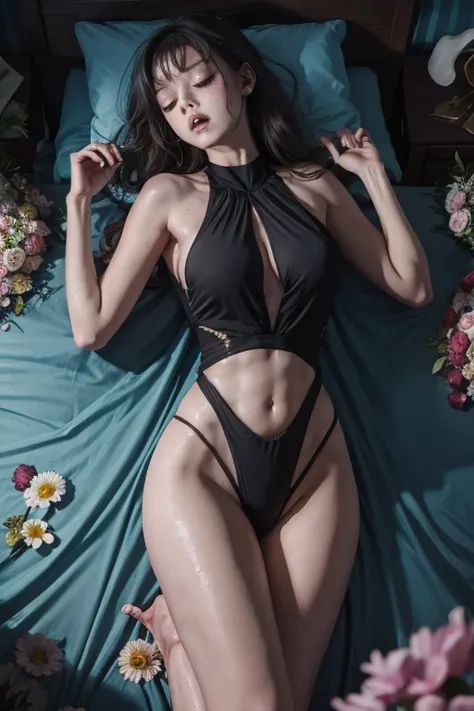  zombie lying on her back、Zombie sleeping on its back、 Black high leg swimsuit, Lie face up on the bed、Brown Hair、surrounded by lots of flowers、ベッドでZombie sleeping on its back少女、Close ~ eyes、sleeping beauty