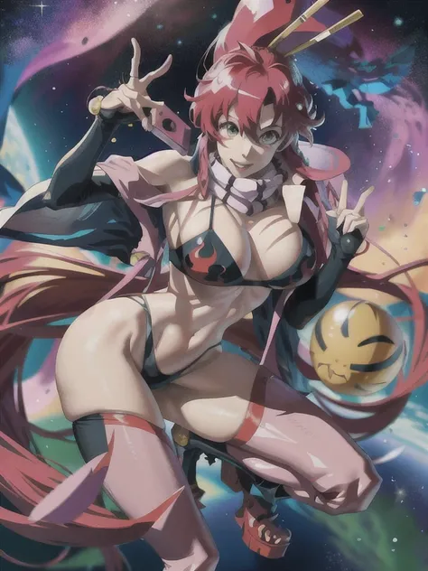 ((nsfw)), Create an incredibly detailed drawing of the character Yoko from the anime Gurren Lagann in a space environment. Let Yoko be photographed up close to show all the details of her gorgeous appearance. Please provide the highest quality and maximum ...