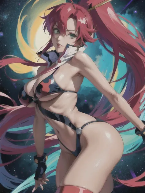 ((nsfw)), Create an incredibly detailed drawing of the character Yoko from the anime Gurren Lagann in a space environment. Let Yoko be photographed up close to show all the details of her gorgeous appearance. Please provide the highest quality and maximum ...