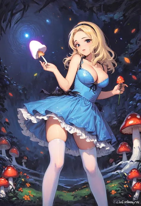 a beautiful 20 year old blonde woman with big messy hair in a blue dress, white stockings, black headband, cleavage, holding a glowing mushroom, fantasy art style, rossdraws cartoon vibrant, alice x. zhang, alice in wonderland cyberpunk, cute detailed digi...