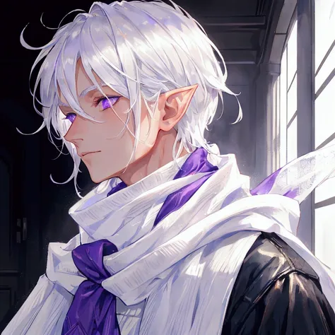 A man with silver hair that reaches his shoulders, with detailed purple eyes and elf ears, he wears a white scarf and white clothes