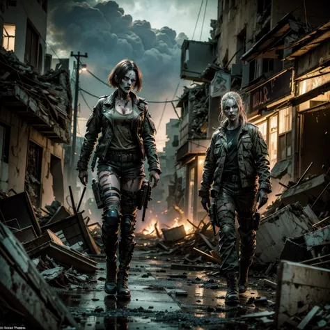 
an undead zombie woman, wearing a worn and torn ordinary military uniform, wanders among the rubble in a post-apocalyptic scenario, in a Town destroyed by nuclear weapon,we glimpse mutant creatures affected by radiation