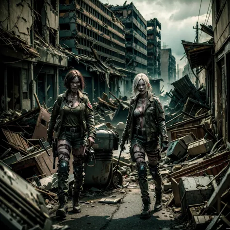 
an undead zombie woman, wearing a worn and torn ordinary military uniform, wanders among the rubble in a post-apocalyptic scenario, in a Town destroyed by nuclear weapon,we glimpse mutant creatures affected by radiation