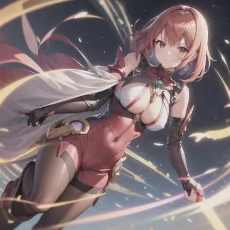 たきfire (Xenoblade), young_Teen_One girl, armor, bangs, black gloves, chest, Red eyes, Mouth closed, Earrings, eyelash, fingerless gloves, Floating Hair, framed chest, gem, gloves, hair ornaments, Headpiece, jewelry, big_chest, Lean back, leotard, Neon Trim...