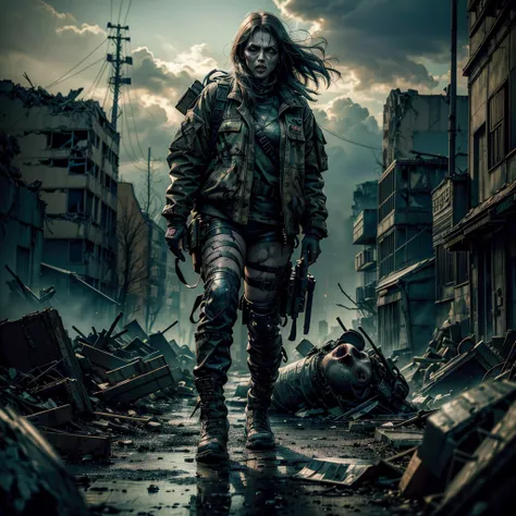 a woman, undead zombie, wearing worn torn military uniform, wandering in post-apocalyptic town destroyed by nuclear weapon, mutant creatures, radiation affected, rubble, (best quality,4k,8k,highres,masterpiece:1.2),ultra-detailed,(realistic,photorealistic,...