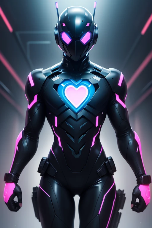 Dronificated unknown man in a fully enclosed black latex fullbody suit with blue lights across the suit and heart shaped glowing core in the chest, fully enclosed cyber helmet that cover her whole face and hides his identity with only two glowing pink line...