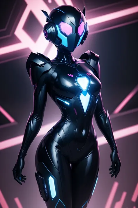 Dronificated unknown man in a fully enclosed black latex fullbody suit with (((blue))) lights across the suit and heart shaped glowing core in the chest, fully enclosed cyber helmet that cover her whole face and hides his identity with only two glowing pin...