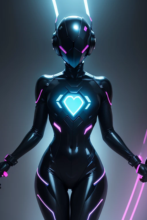 Dronificated unknown man in a fully enclosed black latex fullbody suit with (((blue))) lights across the suit and heart shaped glowing core in the chest, fully enclosed cyber helmet that cover her whole face and hides his identity with only two glowing pin...