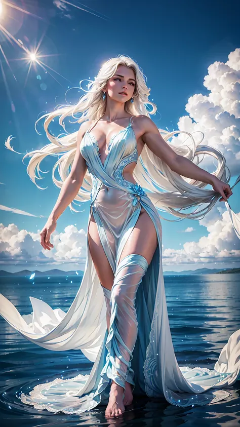 A stunningly beautiful woman with long, flowing white hair, drifting gracefully through the clouds. Her ethereal gown, in shades of white and pale blue, shimmers with a soft glow as she commands the element of air. She floats effortlessly high in the sky, ...