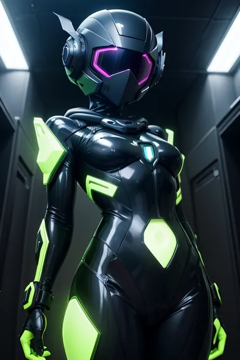 Dronificated unknown man in a fully enclosed black latex fullbody suit with (((green))) lights across the suit and heart shaped glowing core in the chest, fully enclosed cyber helmet that cover her whole face and hides his identity with only two glowing pi...