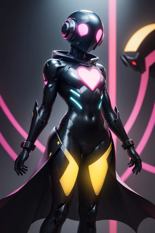 Dronificated unknown man in a fully enclosed black latex fullbody suit with (((yellow))) lights across the suit and heart shaped glowing core in the chest, fully enclosed cyber helmet that cover her whole face and hides his identity with only two glowing p...