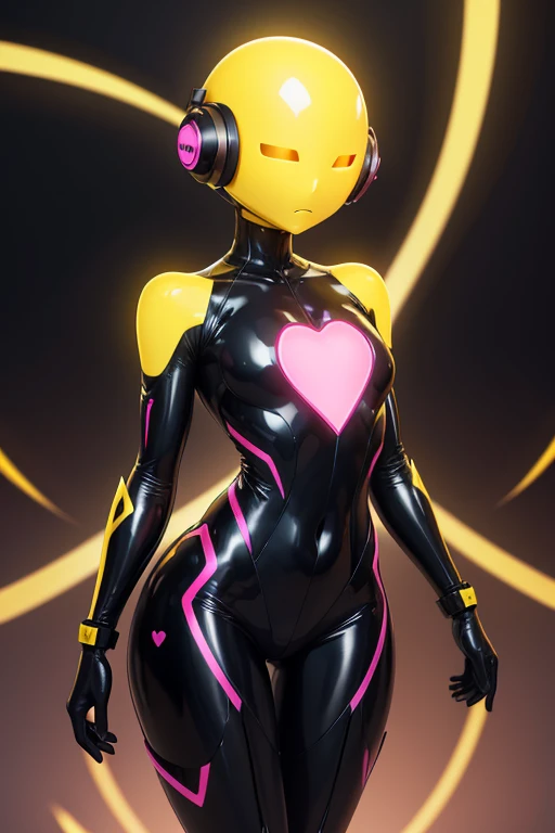 Dronificated unknown man in a fully enclosed black latex fullbody suit with (((yellow))) lights across the suit and heart shaped glowing core in the chest, fully enclosed cyber helmet that cover her whole face and hides his identity with only two glowing p...