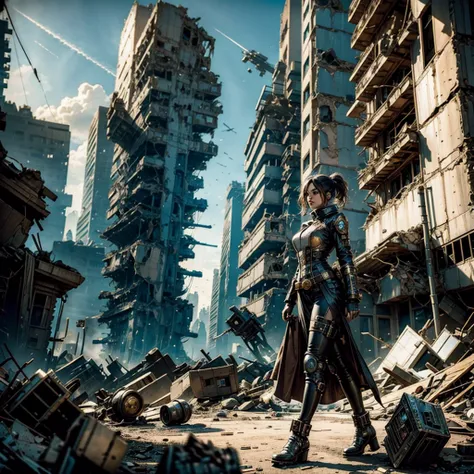 
a woman in a steampunk ordinary futuristic technological uniform wanders among the rubble of a destroyed alien city in a planet,after the battle, in the background you can see a destroyed alien spaceship