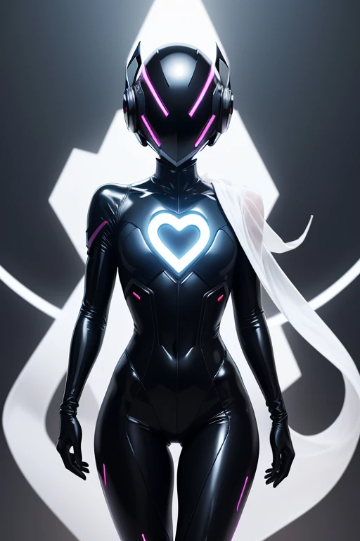 Dronificated unknown man in a fully enclosed black latex fullbody suit with (((white))) lights across the suit and heart shaped glowing core in the chest, fully enclosed cyber helmet that cover her whole face and hides his identity with only two glowing pi...