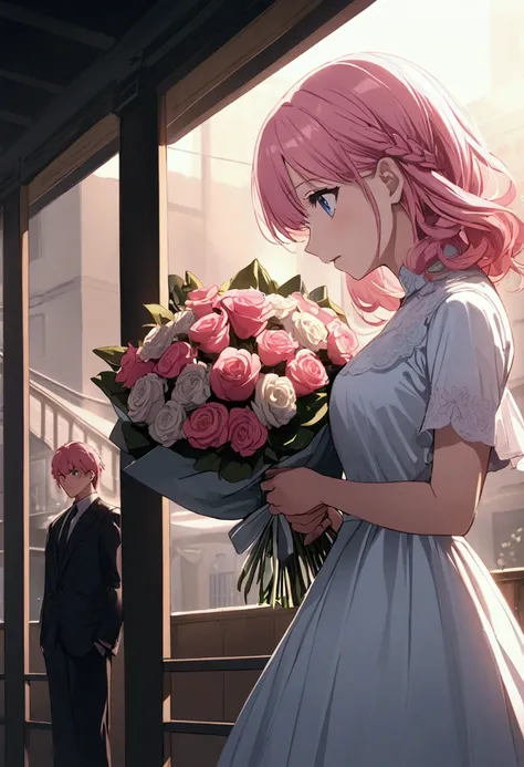 Proposal、bouquet、Girl with pink hair、blue eyes、Twin Drill、A scene from a movie