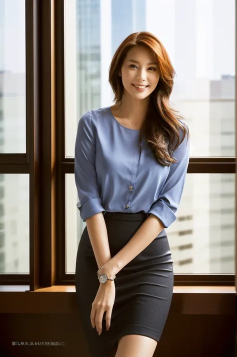 ((highest quality, high resolution: 1.3)), 47-year-old woman, elegant and calm, located on the 30th floor of a modern office bui...