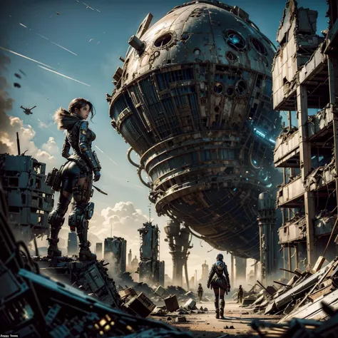 
a woman in a steampunk ordinary futuristic technological uniform wanders among the rubble of a destroyed alien city in a planet,after the battle, in the background you can see a destroyed alien spaceship, iperrealistic,detailed, cinematic 