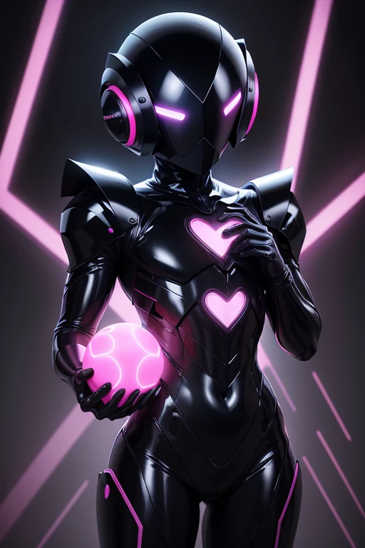 Dronificated unknown man in a fully enclosed black latex fullbody suit with (((black))) lights across the suit and heart shaped glowing core in the chest, fully enclosed cyber helmet that cover her whole face and hides his identity with only two glowing pi...