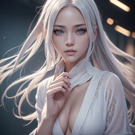 a girl with light white pi k hair, beautiful detailed eyes, beautiful detailed lips, extremely detailed eyes and face, long eyelashes, wearing jujutsu kaisen clothes, (best quality,4k,8k,highres,masterpiece:1.2),ultra-detailed,(realistic,photorealistic,pho...