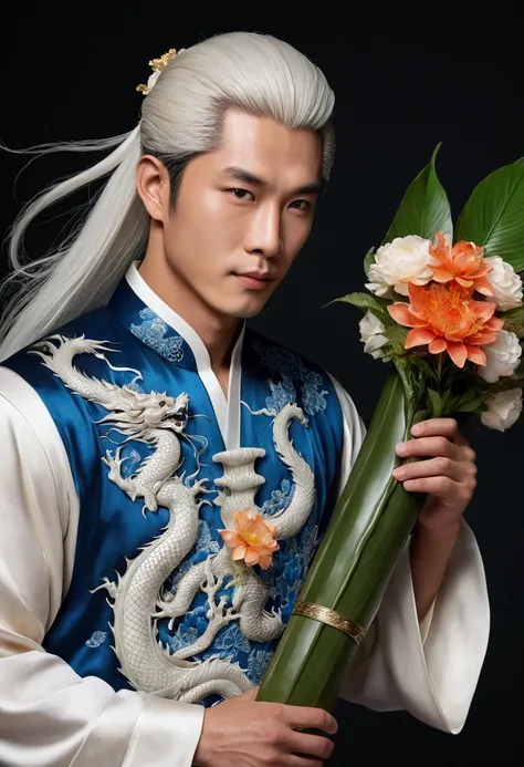 1 young man，long white hair，Traditional Chinese Shirt，Blue Eyes，decorations，leaf，looking at the audience，Hug a bouquet of flowers, 8K resolution, which is very detailed, Anatomical correction, Sharp picture, digital painting, concept art, ，Its gorgeous.，Ch...