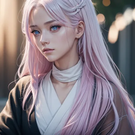 a girl with light white pink hair, beautiful detailed eyes, beautiful detailed lips, extremely detailed eyes and face, long eyelashes, wearing jujutsu kaisen clothes, (best quality,4k,8k,highres,masterpiece:1.2),ultra-detailed,(realistic,photorealistic,pho...