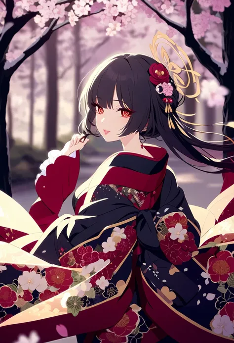 Standing in the middle of a lush forest、Stunningly beautiful Japanese girl, Green Garden. Her long, Her silky black hair cascades gently down her back, Decorated with colorful flower hairpins. She is wearing a traditional Japanese kimono., The deep red and...