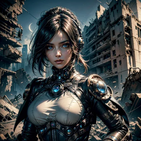 a woman in a steampunk futuristic technological uniform,highly detailed face,beautiful detailed eyes,beautiful detailed lips,extremely detailed eyes and face,longeyelashes,wandering in the rubble of a destroyed alien city,planetary landscape,destroyed alie...