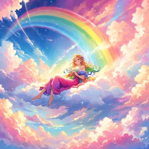 A stunningly ethereal woman, composed of a dazzling array of rainbow hues, reclines gracefully at the end of a radiant rainbow amidst the fluffy clouds in the sky. Bathed in dynamic and enchanting lighting, accentuates her vibrant, full-bodied form. Fantas...