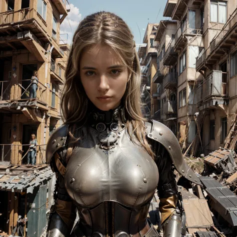 Ultra realistic and detailed image of a tall blonde middle-aged woman in a leather battle suit looks up from a balcony at a steampunk construction flying through the sky made up of pieces of houses fused with parts of bows and sterns of old ships, parts an...