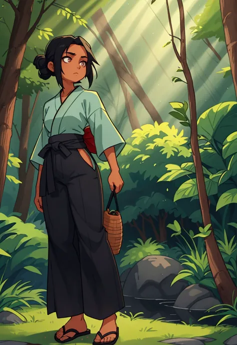 A young girl with tanned skin, dark eyes, and black curly hair. She is dressed in the outfit of Tsunade Senju from Naruto. The background is a serene forest with soft sunlight filtering through the trees, casting a gentle glow on her. Her expression is con...