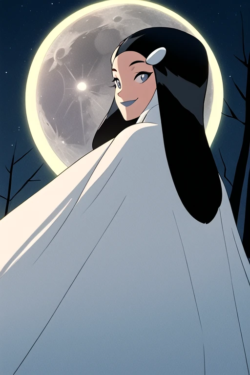 Tinya Wazzo, solo,black hair, long hair. grey eyes, smile, grey lips, white cape, best quality, masterpiece, 1girl, Masterpiece, Best Quality, Detail, forest, night, moon, From Behind, From Below, cape in front, solo, 1girl