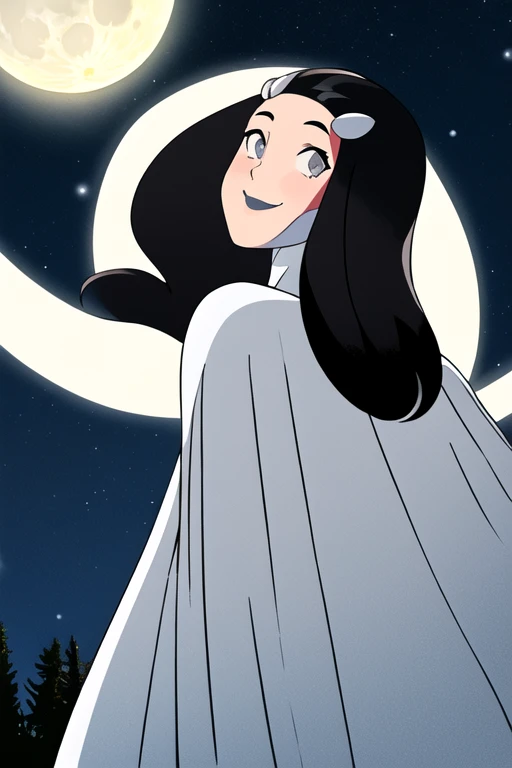 Tinya Wazzo, solo,black hair, long hair. grey eyes, smile, grey lips, white cape, best quality, masterpiece, 1girl, Masterpiece, Best Quality, Detail, forest, night, moon, From Behind, From Below, cape in front, solo, 1girl